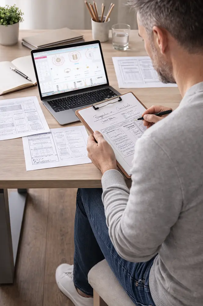 Personne préparant des wireframes sur un ordinateur portable ouvert sur un bureau
